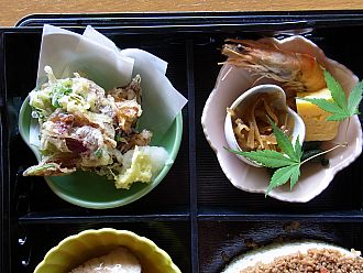 左が花の天ぷら、右が球根のきんぴら