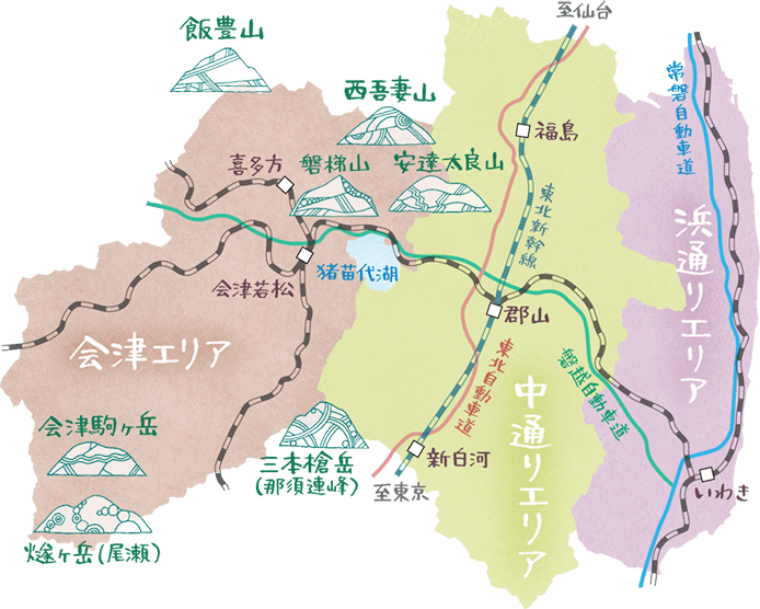 図：福島県の3エリアを説明している地図。内陸側から会津エリア、中通りエリア、浜通りエリア